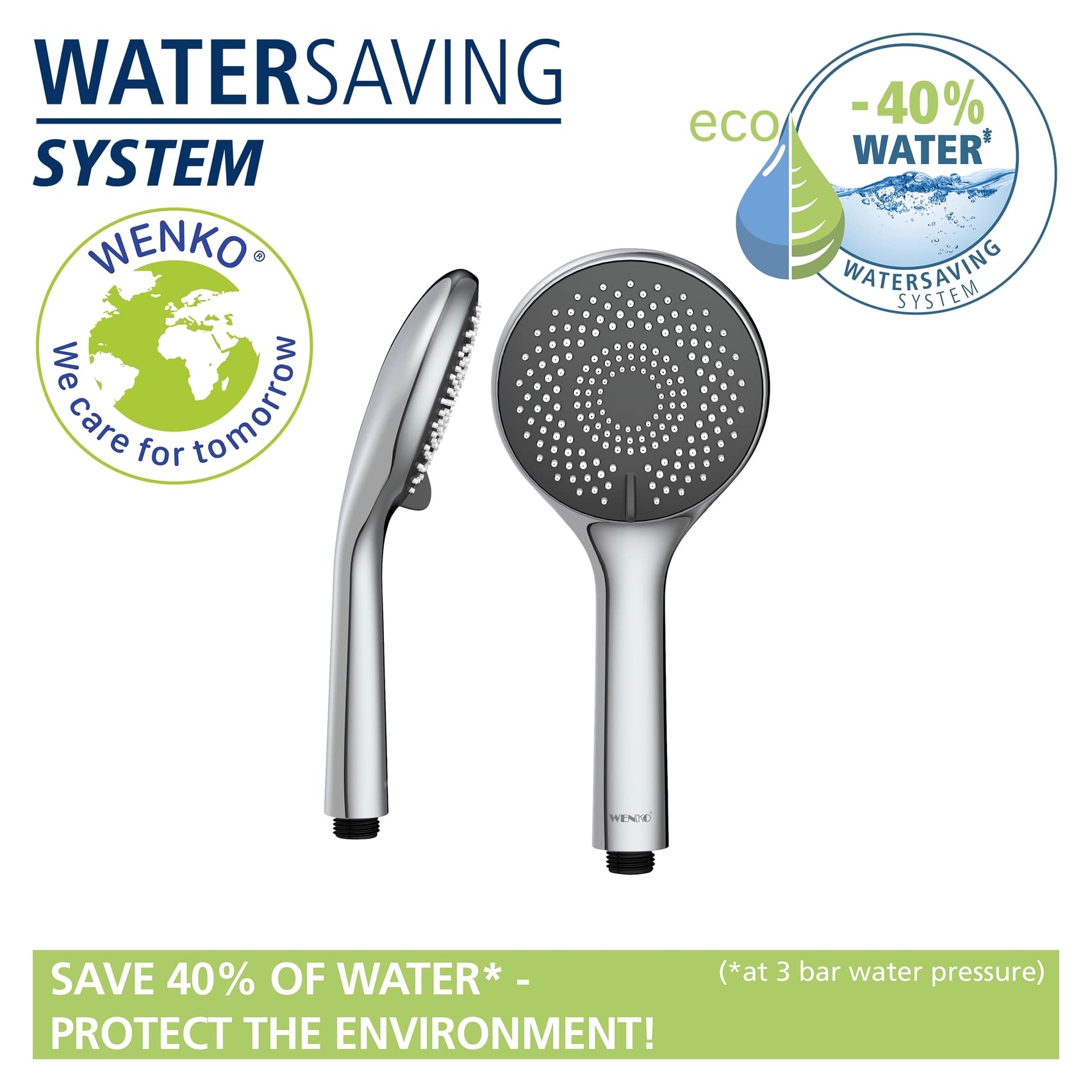WENKO Set de ducha Watersaving, barra de ducha de acero inoxidable, cabezal con 3 tipos de chorro y flexo de ducha, apto para calentadores de agua, conexión universal de ½", 70 cm, cromado
