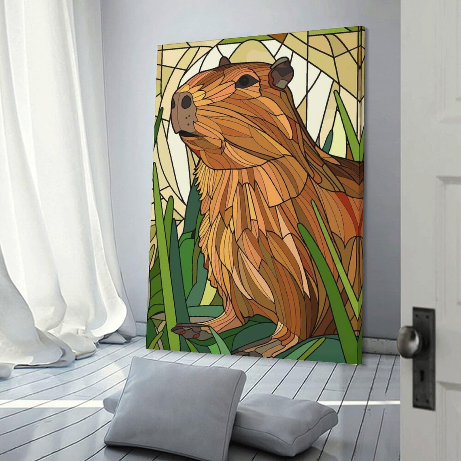 Junmoney Capybara in Stained Glass Style Canvas Art Print 20x30inch(50x75cm), for Bedroom Decor, Cosy Corners Or Studios, An Easy Wall Refresh for Bedrooms