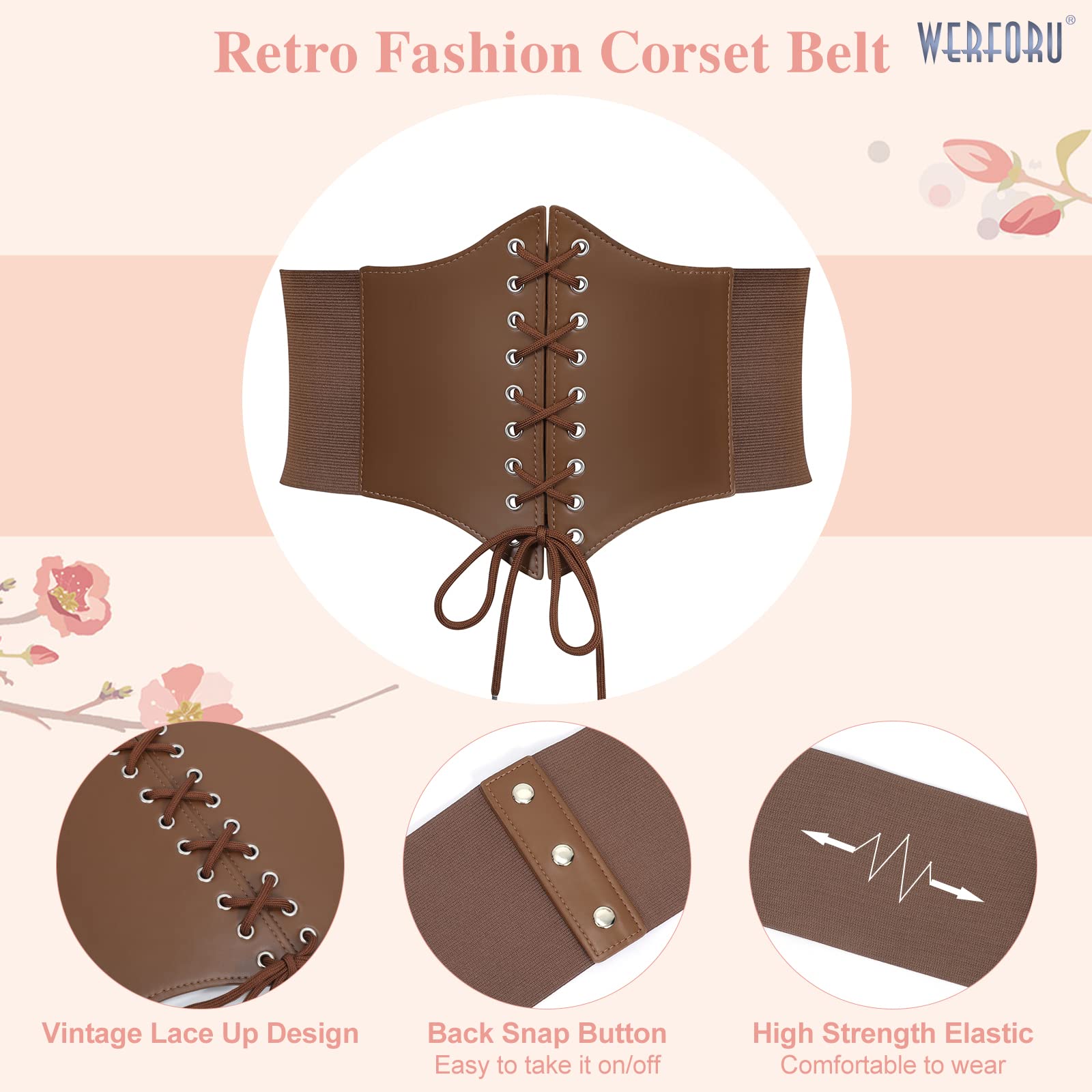WERFORU Women's Elastic Corset Belt Retro Wide Stretchy Tied Waspie Lace up Waist Belt, Light Coffee, Fits waist size 48"-52" - Image 3