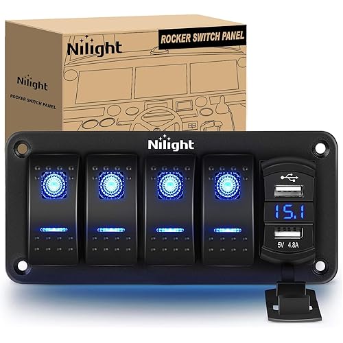Nilight 4 Gang Rocker Switch Panel with 4.8 Amp Dual USB Charger Voltmeter Waterproof 12V 24V DC Night Glow Stickers for Car Trucks Boats RVs