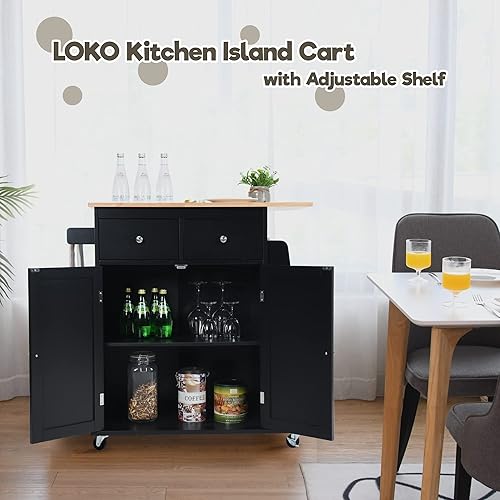 Miniatura 2 de LOKO Kitchen Island, carrito de almacenamiento de cocina con 3 niveles para especias y toallero, carrito de microondas con ruedas y mesa de madera