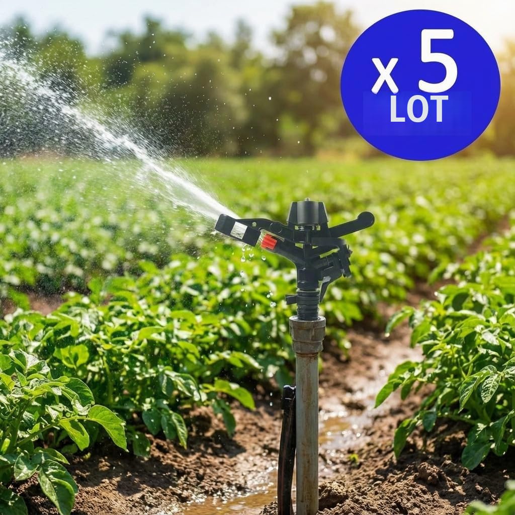 5X Agricole Arroseur Circulaire. Portée 15 MTS. Filetage mâle 3/4. Débit 25 L/Minute ou 1900 l/Heure. Diamètre Couverture 30 mètres