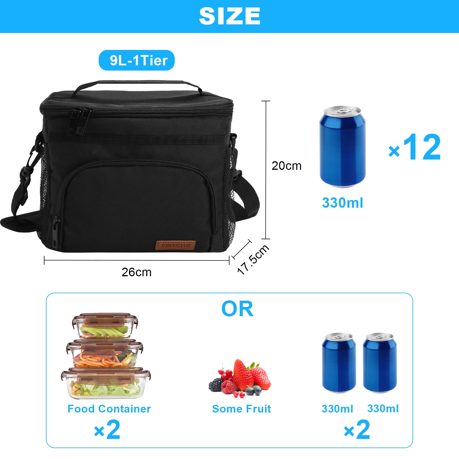 Torba chłodząca Mała 9L, termiczna torba na jedzenie, mini składana torba na lunch, torba na lunch dla mężczyzn, torba na lunch dla kobiet, torba robocza dla mężczyzn na plac budowy z regulowanym