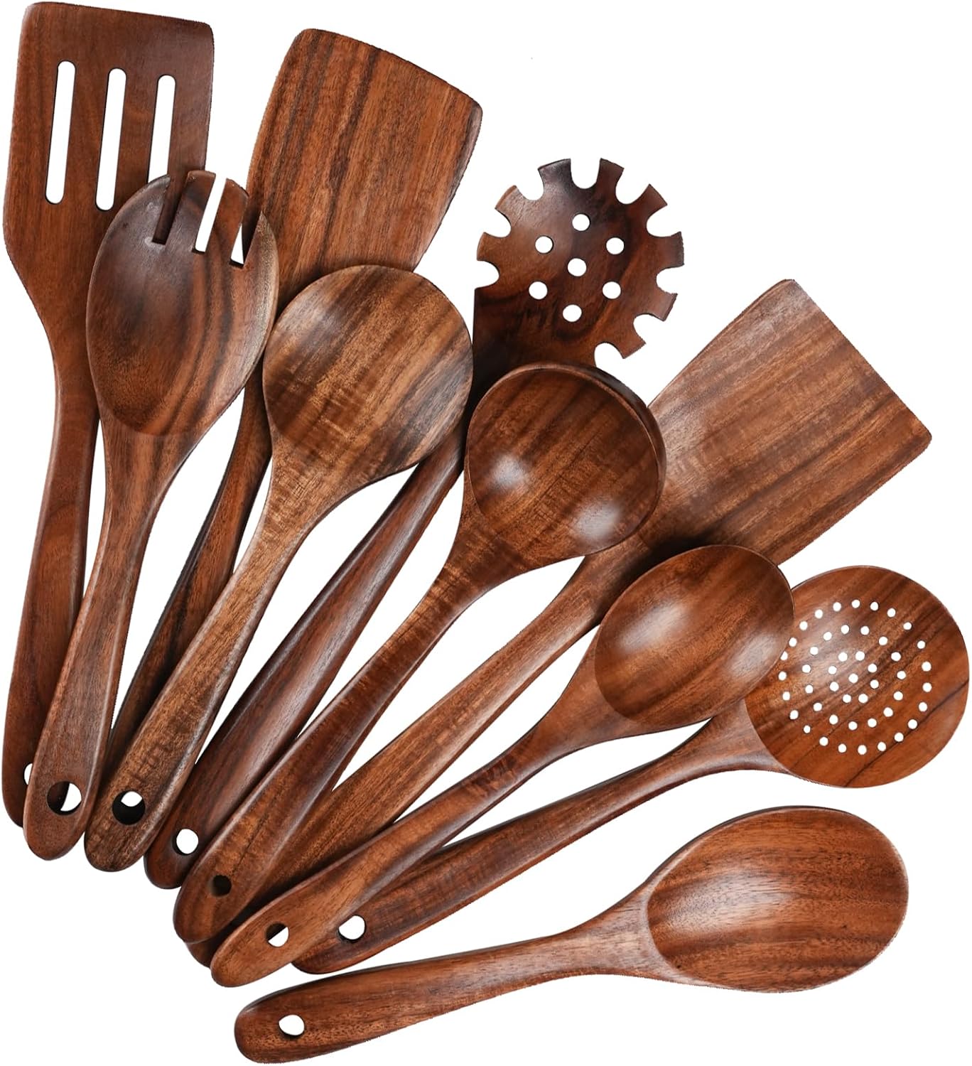 10PCS Wooden Utensil Set for Cooking, Non Toxic Wood Kitchen Utensils Set with Spatula & Wooden Spoons for Cooking, Dishwasher Safe Teak Wood Cooking Utensils for Non Stick Cookware