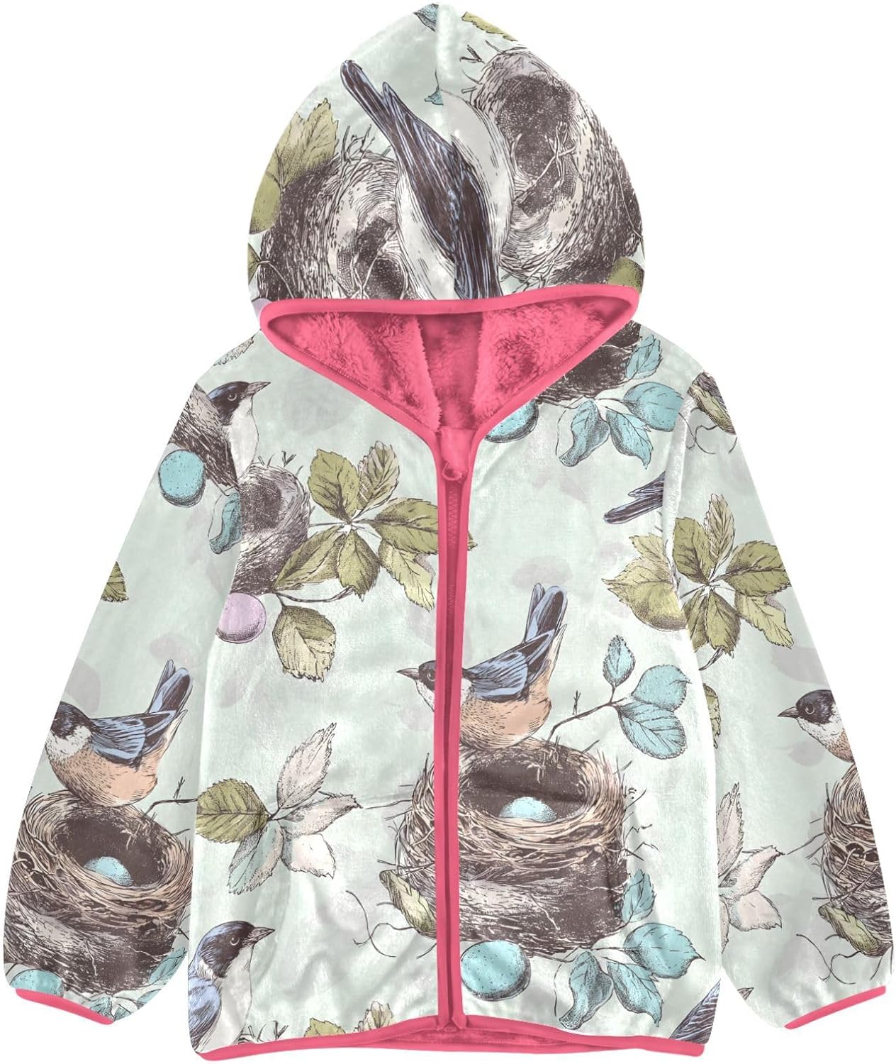 Girls Hoodie Outfit Bird Nest Leaf Pattern Zipper Sweatshirt Coat Fleece Jacket for Kids 3-10T