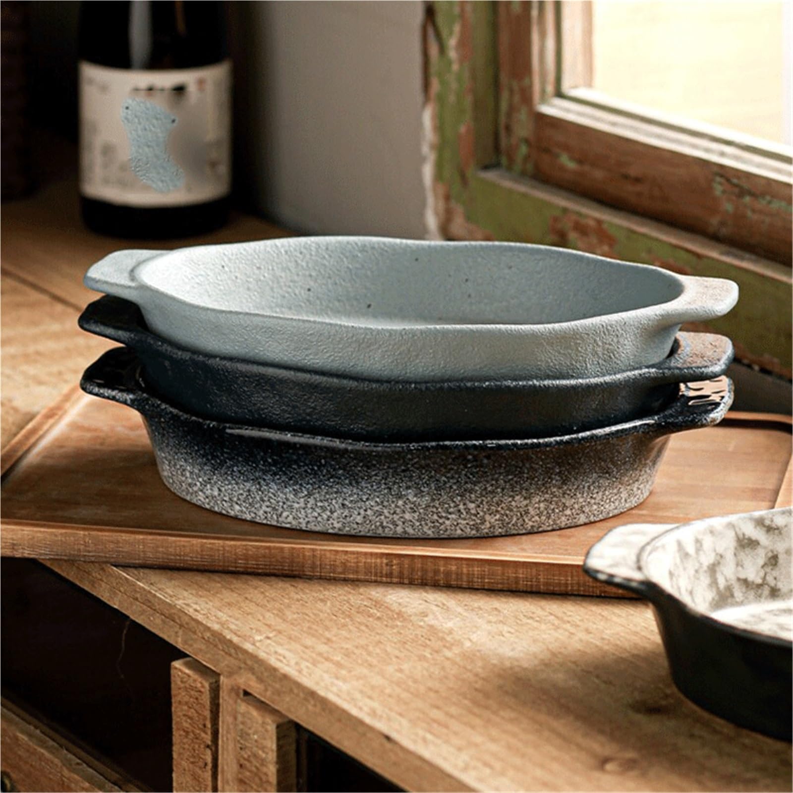 Platos de Hornear Fuente for Hornear de cerámica Gris con Asas y Manchas óxido Platos de Horno Lasaña