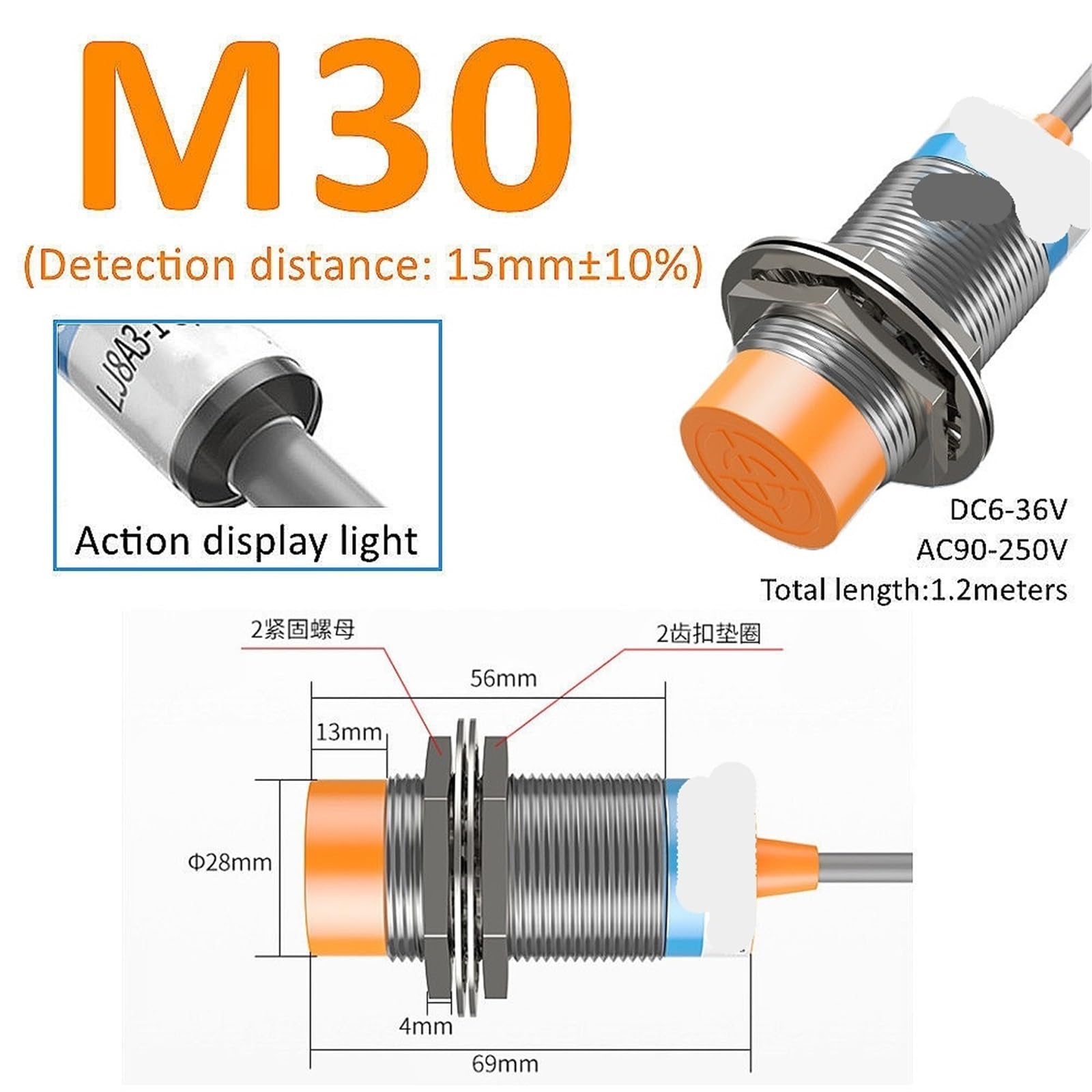 1 sztuka żółty czujnik przyłożenia indukcyjny czujnik zbliżeniowy M8 M12 M18 30 4 mm DC 12 V AC 110 NO NC NPN PNP wykrywanie (M24(Shielded), DC Type 2Wire NC, 1 szt