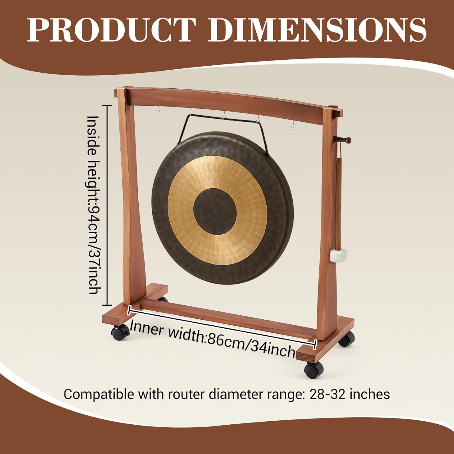 ripeng gong chimes wood stand for 28" to 32" gongs with base for 1 gong or 5 chimes wood drum stand with brake pulley for sound therapy and meditation(brown, style a) brown for 28" to 32" gongs style a