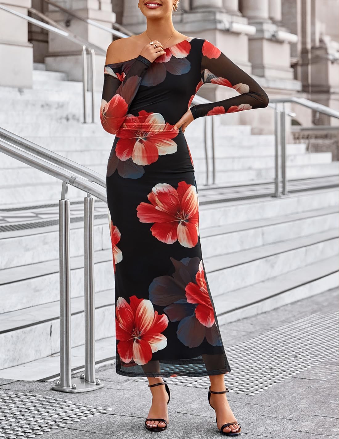 ZESICA Women's Long Sleeve Floral Maxi Dress 2026 Fall Off Shoulder Bodycon Ruched Mesh Cocktail Wedding Guest Dresses - Image 2