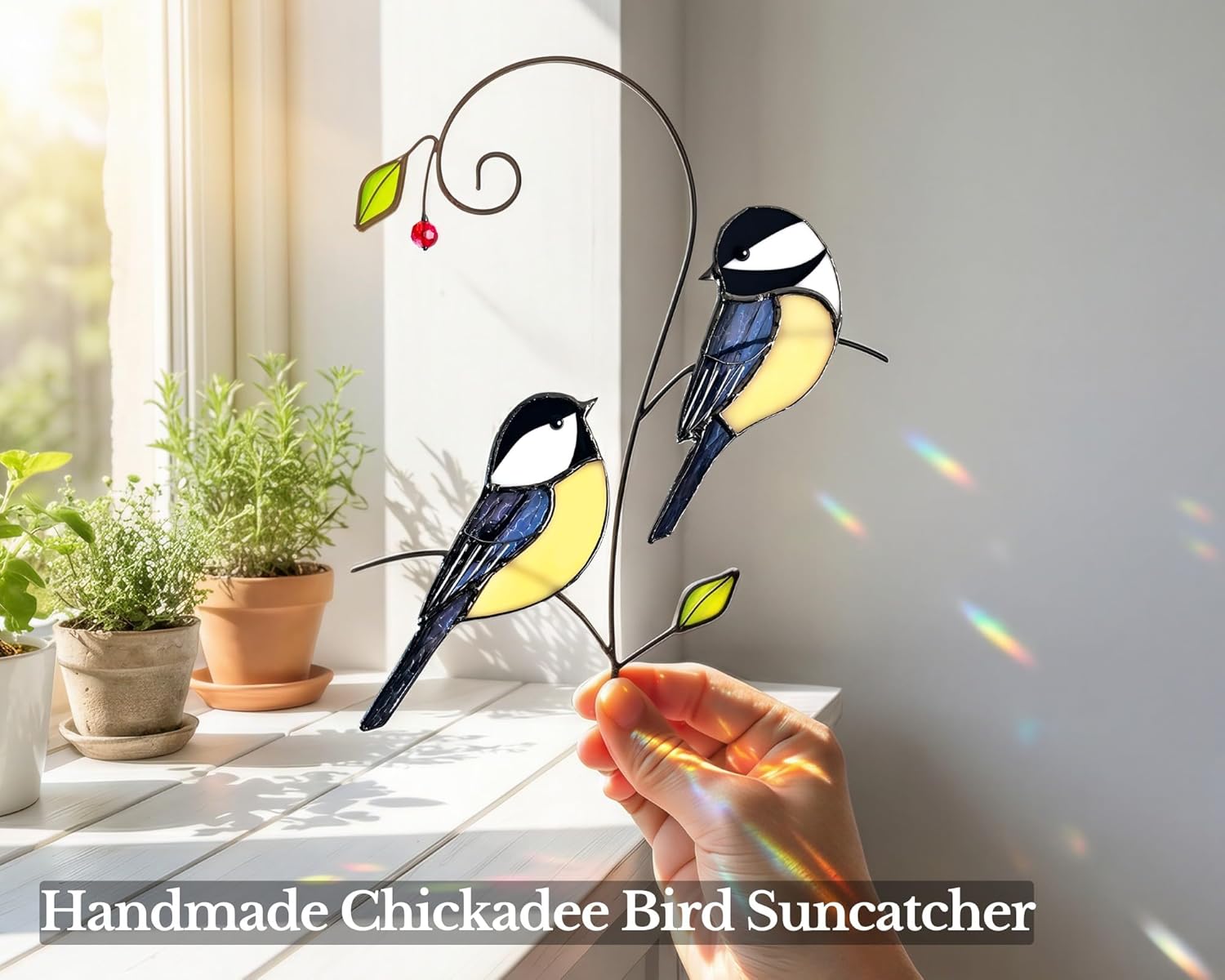 Chickadee (1 Pair) Stained Glass Birds Suncatcher for Mom, Grandma, Women - Real Glass Window Hanging Ornament - Handmade Bird Lover Home Decor (Gifts Ready Packaging) - Image 4