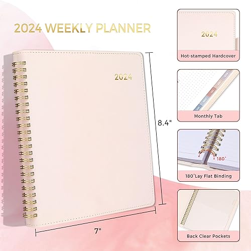 Miniatura 4 de SUNEE Agenda semanal y mensual 2024 de 7 x 8.4 pulgadas, 12 meses (enero de 2024 a diciembre de 2024), cubierta de cuero vegano, bolsillo, marcador,