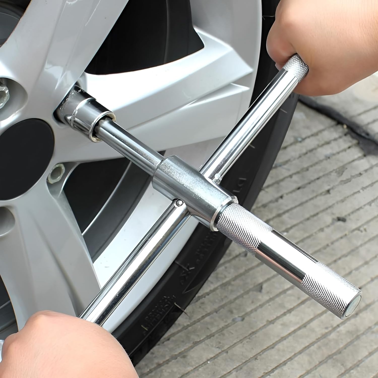 23" Universal Extended Lug Wrench, 4 Way Auto Tire Lug Wrench with Standard Sockets (17mm/19mm, 21mm/23mm), Heavy Duty Labor-Saving Cross Wheel Nut Removal Tool for Most Cars