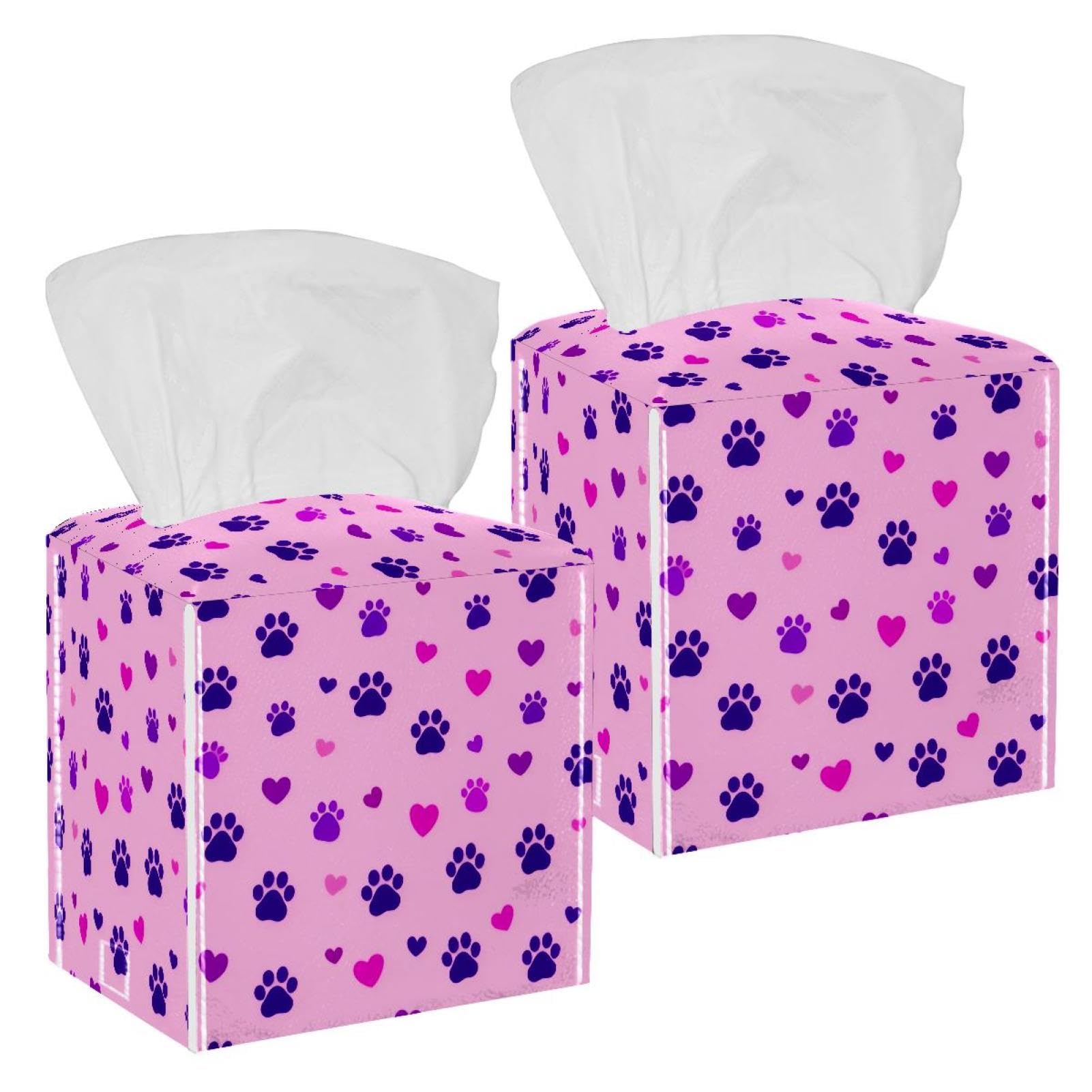Dogs Paw Tissue Box Cover, 2 Pack PU Leather Square Facial Tissue Dispenser Box holder for Home Office Car