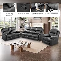 Vista 4 de Conjunto de sofá reclinable manual con mesa desplegable, 3 piezas de sofá reclinable de cuero negro, juegos de muebles para sala de estar, sofá