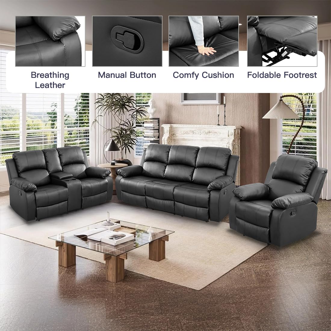 Toseslo Manual Reclining Couch Sofa Set with Drop-Down Table, 3 Pieces Black Leather Recliner Couch Sets, Living Room Furniture Sets, Recliner Sofa with Storage Console/Cup Holder for Home/Apartment view 4