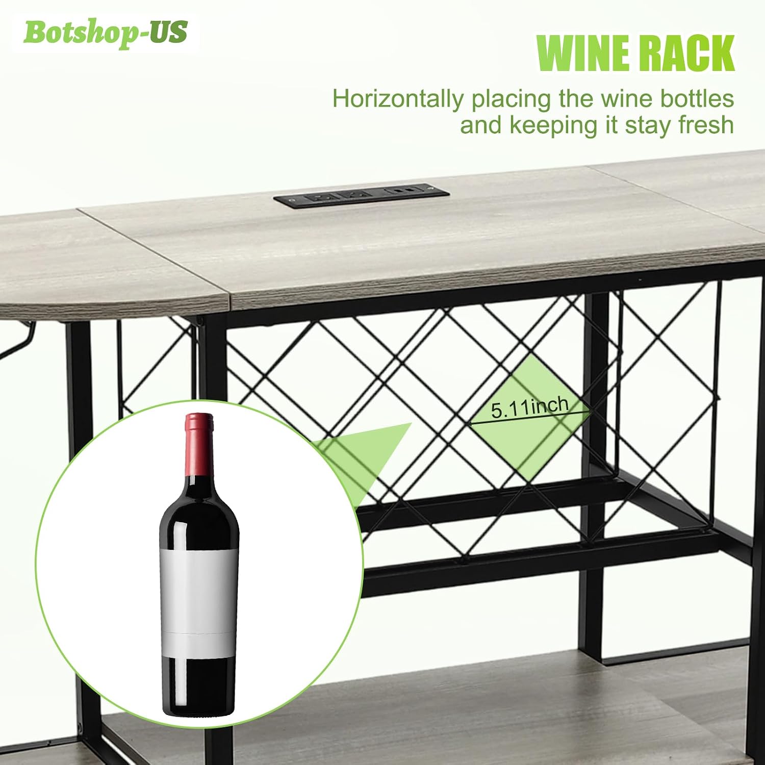 Gdrasuya10 Modern Metal Coffee Bar Cabinet with Outlet and LED Light Wine Rack Table Freestanding Floor Liquor Table with Glass Holder & Storage Shleves for Kitchen Dining Room, Gray