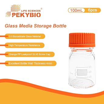 PEKYBIO Glass Media Bottle 100ml Round Storage Bottles 3.3 Borosilicate Glass Regent Bottles with PP GL45 Screw Cap (Pack of 6)