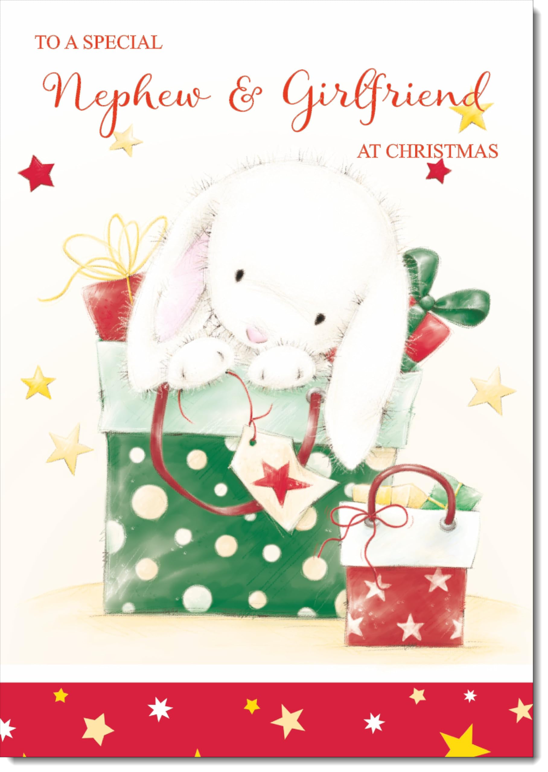 doodlecards Nephew and Girlfriend Christmas Card Cute Rabbit with Parcels Large A4 Size Christmas Card for Nephew & Girlfriend with Plain Envelope