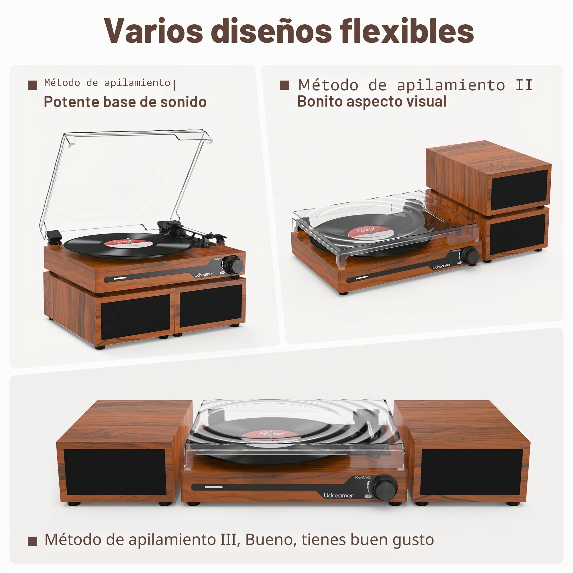 Udreamer Tocadiscos con 2 Altavoces Estéreo Duales, Vintage Tocadiscos con Bluetooth 5.3 Compatible 3 Velocidades, Entrada Auxiliar, Línea RCA, USB, Reproducción Inalámbrica, Marró