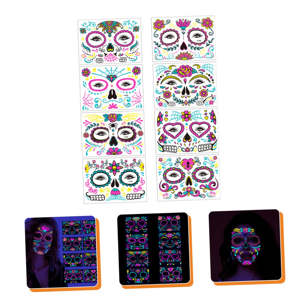 Healvian 24hojas Tatuajes De Halloween Fluorescentes Para Rostro Pegatinas De Calavera Para Maquillaje y Fiesta De Disfraces De Diseño Diverso