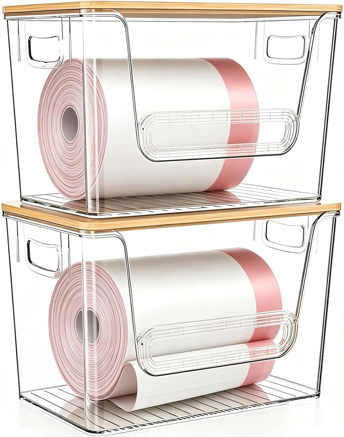 2 Pack Trash Bag Holder Dispenser with Bamboo Lid, Stackable Garbage Bag Organizer Under Sink, Clear Plastic Container for Kitchen,Pantry,Laundry Room Organization and Storage for 13/30/33 Gallon Bags