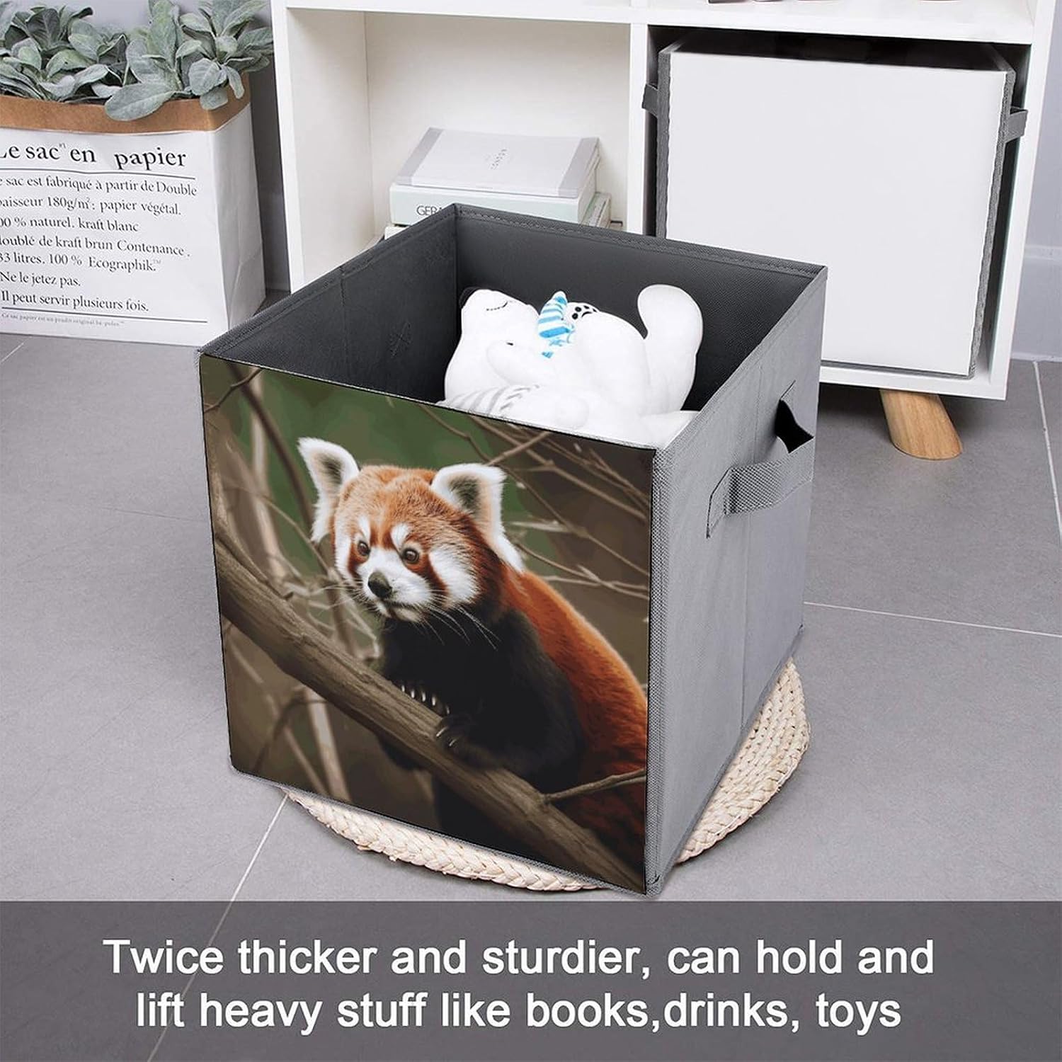Folding Storage Bins Oxford Fabric Clothes Storage Boxes with Handles | Red Panda on Tree Branch Cube Organizer, Easy to Store, Multi Functional Cube Storage Organizer for Office Bedroom