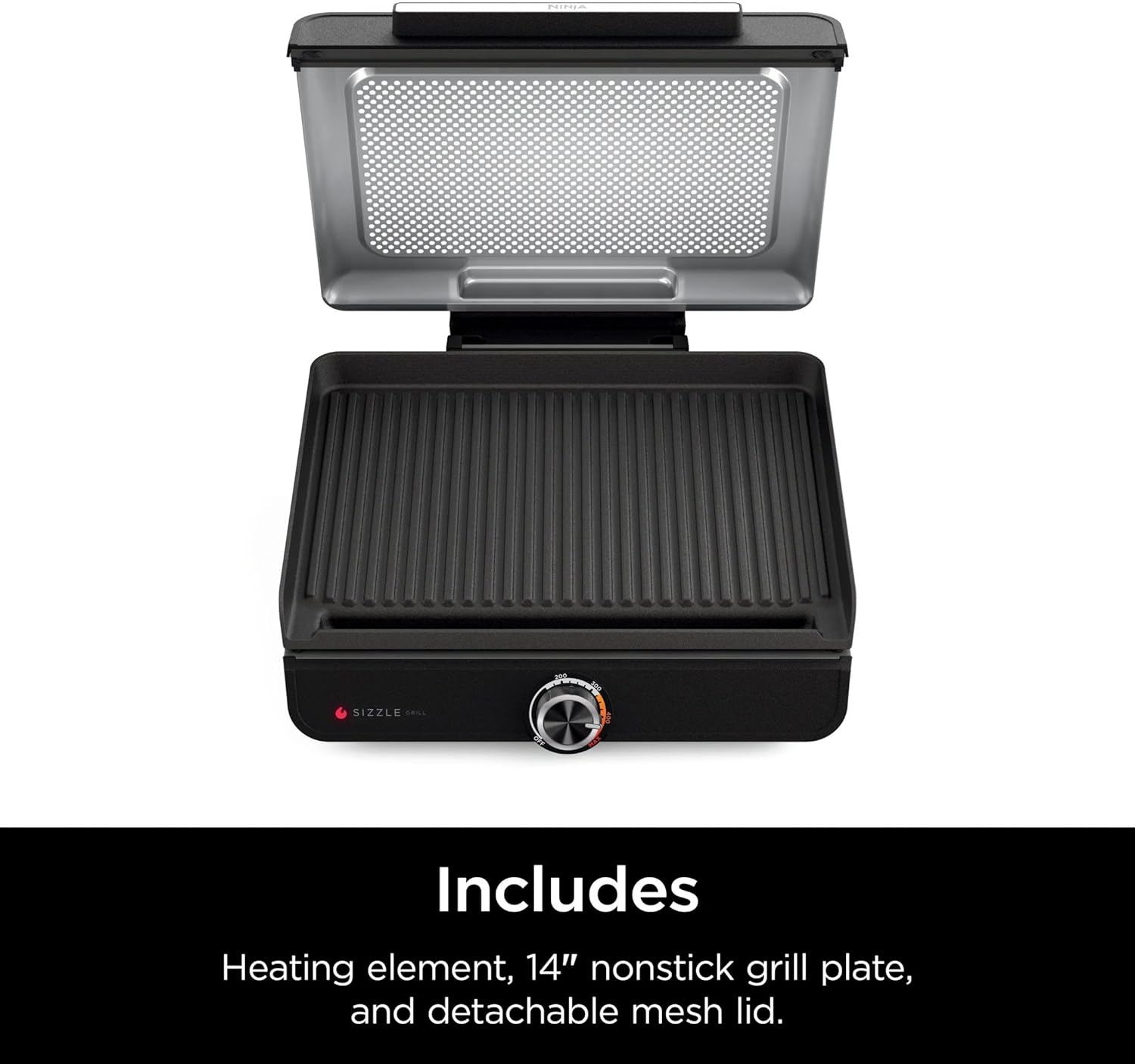 Sizzle GR100 Smokeless Indoor Grill, 500°F High Heat Kitchen Grill with Nonstick 14-Inch Plate, Low-Smoke Technology, Edge-to-Edge Heating, Family-Sized Capacity, Countertop Cooking Tool.