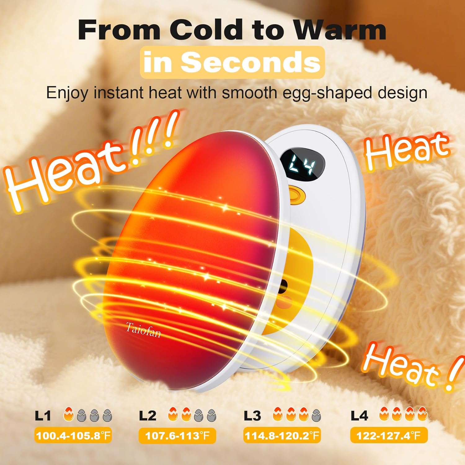 Hand Warmers Rechargeable, 2 Pack Cute Egg Design, LED Display, 4 Levels Fast Heating Magnetic Electric Hand Warmers, Portable Pocket Heater Gifts for Women Men Outdoor Camping Hunting Golf - Image 6