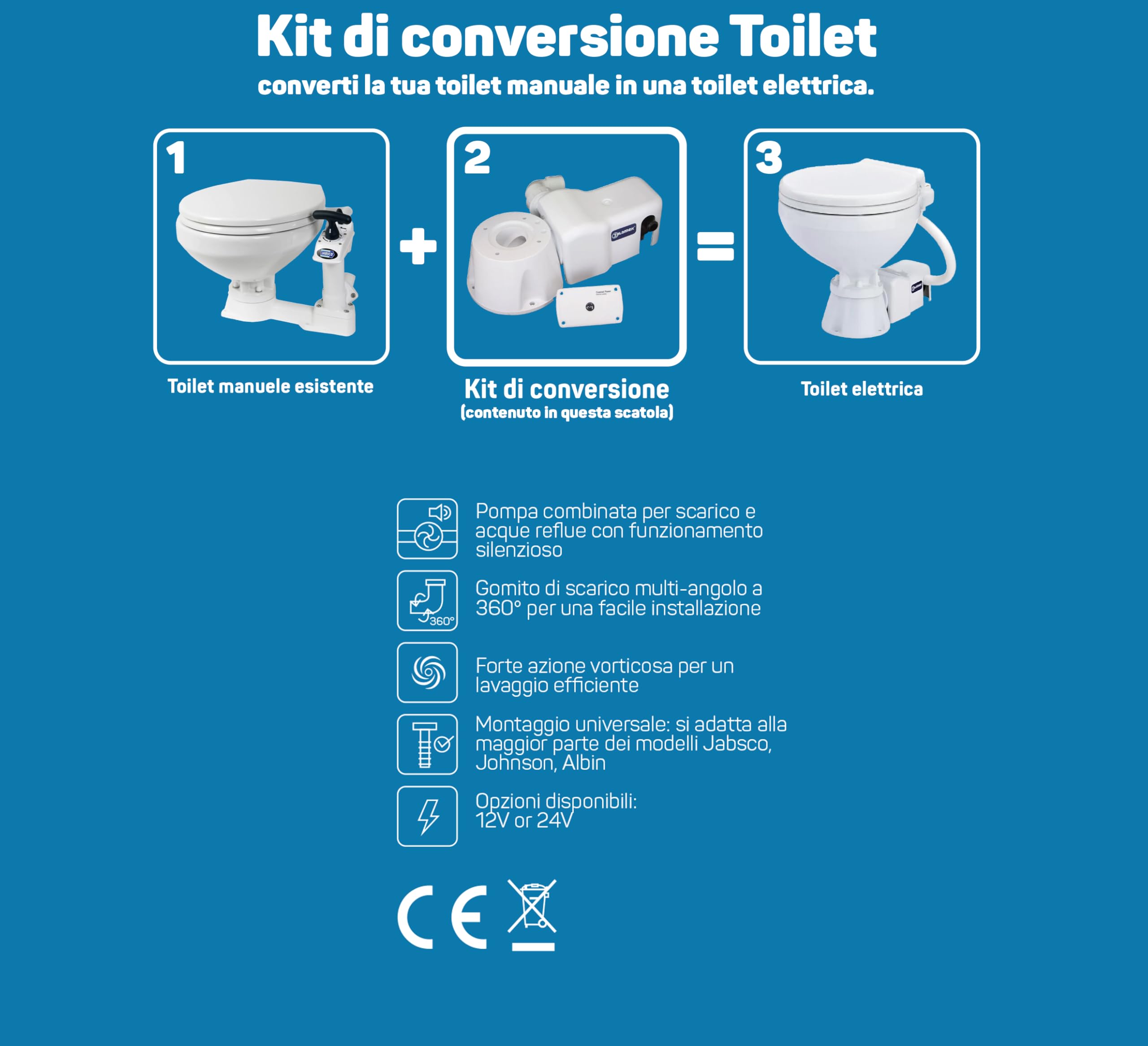 Navpower Kit Trasformazione Conversione per Toilette WC Universale 12v - Kit conversione WC Toilette da Manuale a Elettrico Orrizontale - Barca Camper Roulotte - Compatibile con Jabsco TMC Ocean
