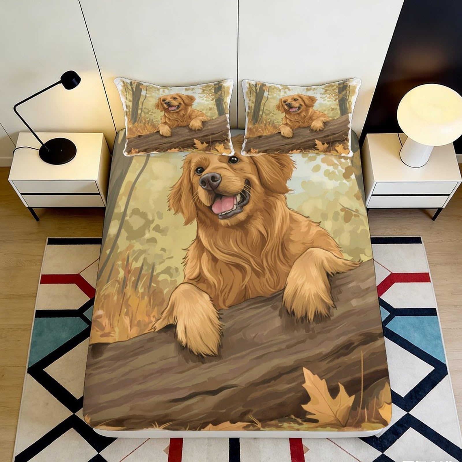 Jqzkxnhpbr Style-2 3D Printed Golden Retriever Fitted Sheet Microfiber Soft Autumn Forest Bed Cover For Bedroom Dorm Decor Mattress Protection 90X200x25cm