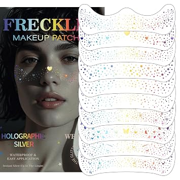 10PCS Holographic Glitter Freckles Face Tattoos,Sparkle Freckles | Multicolor, Temporary Face Tattoo, Long Lasting Shiny, Waterproof, Glitter Makeup Patches for Halloween Christmas Party