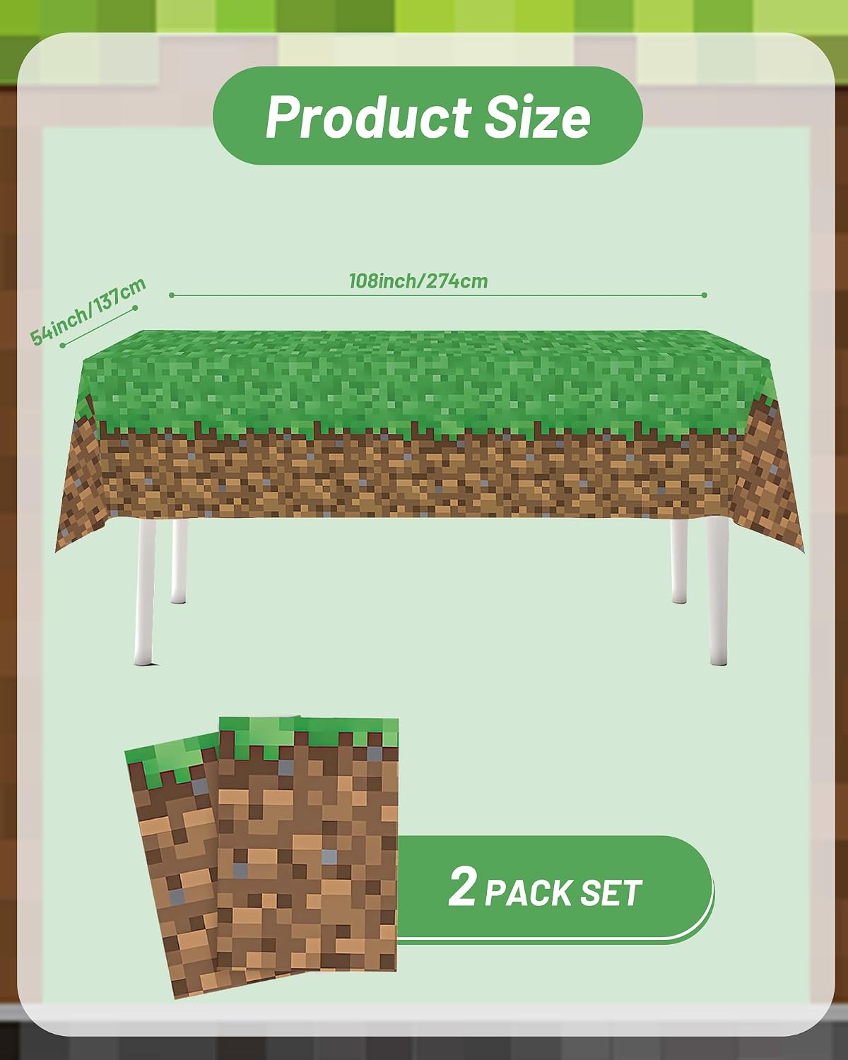 Calmi Pixel Miner Table Cover (Pack of 2) - 54.1"x108" XL Waterproof Cartoon Birthday Tablecloth- Gamer Party Supplies, Mining Themed Party Decorations for Boys Girls Kids Party Decor