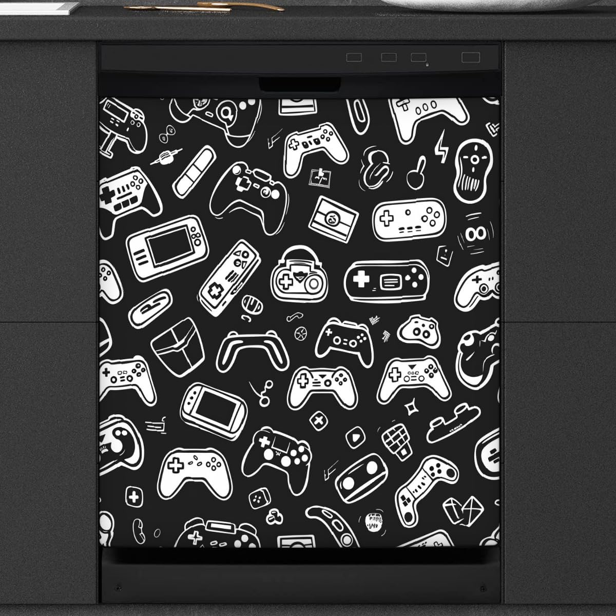 Dishwasher Magnet Cover, Black and White Joystick Gamepad Waterproof Fade-Resistant Decorative Cover, Durable Magnetic Panel for Dishwasher