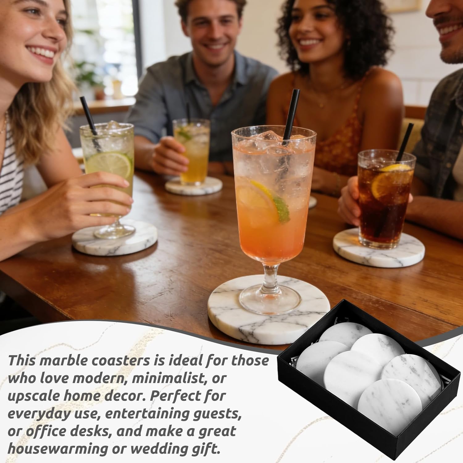 6 Pcs White Marble Coasters Set with Non-Slip Feet 4 Inch Natural Round Stone Drink Coasters Cup Mats for Coffee Tea Beer Wine Elegant Marble Table Decor for Home Kitchen Office Dining