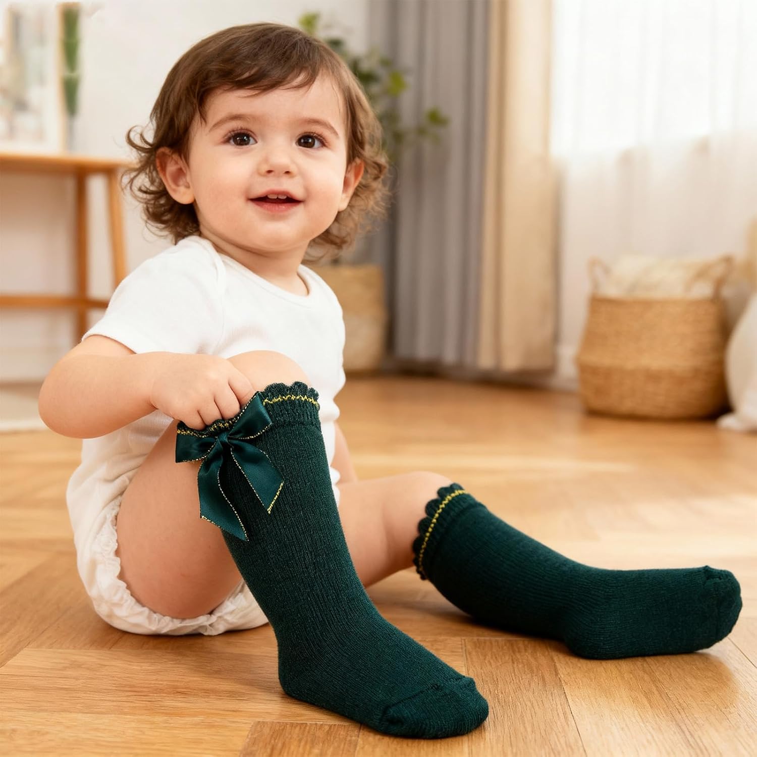 Baby Girl Knee High Socks: Soft Cotton Infant Baby Long Socks Newborn Stockings with Bow & Ruffle Non-Slip for Kids - Image 7
