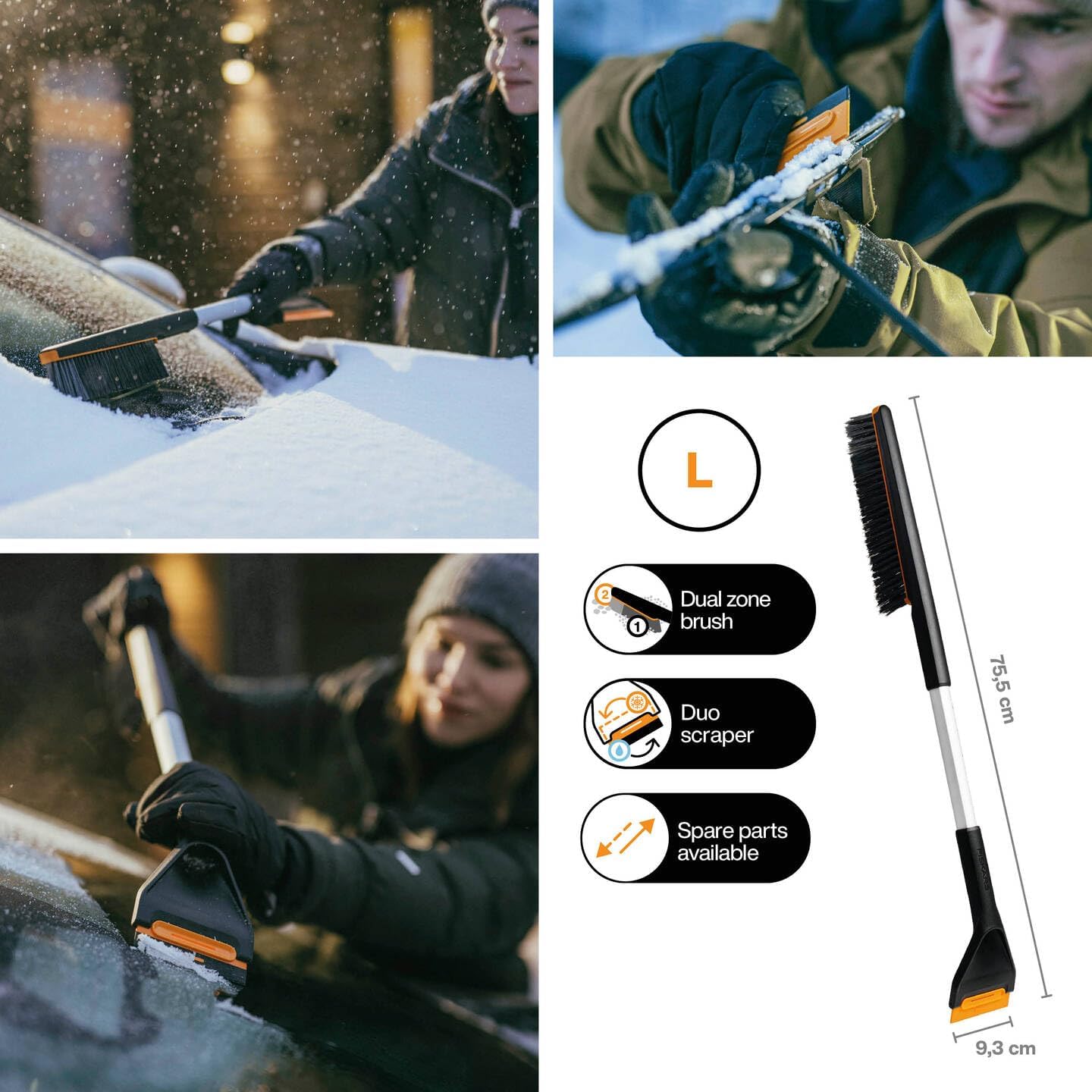 Fiskars Plus Car Snow Brush and Ice Scraper, 2 Brush Zones, Scraper with Hard and Soft Edge, Long, 76 cm, with Interchangeable Parts, 1078494