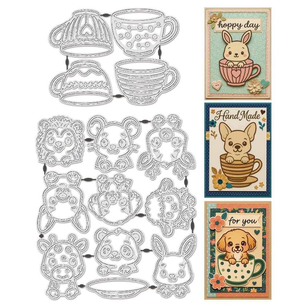 UNICRAFTALE 14Pcs Tea Cups Pet Carbon Steel Cutting Dies Stencils Teacup Dog Cutting Dies for Paper Card Making Lovely Animal Embossing Paper Die Stencils for Scrapbooking Photo Album