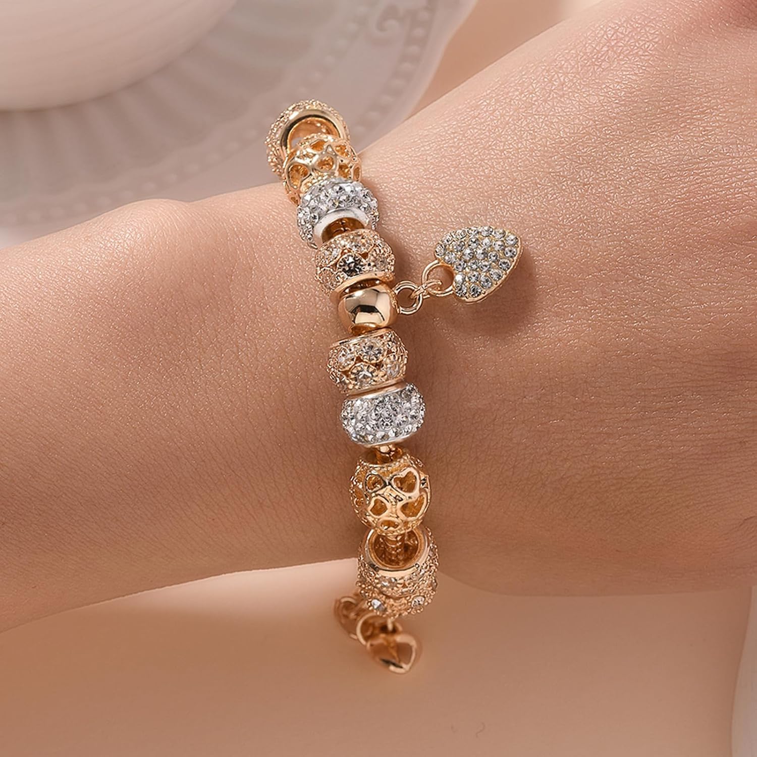 Leprato Gold Plated Heart Charm Bracelet Glass Crystal Beaded Bracelet Stunning Jewelry Gifts for Women - Image 6