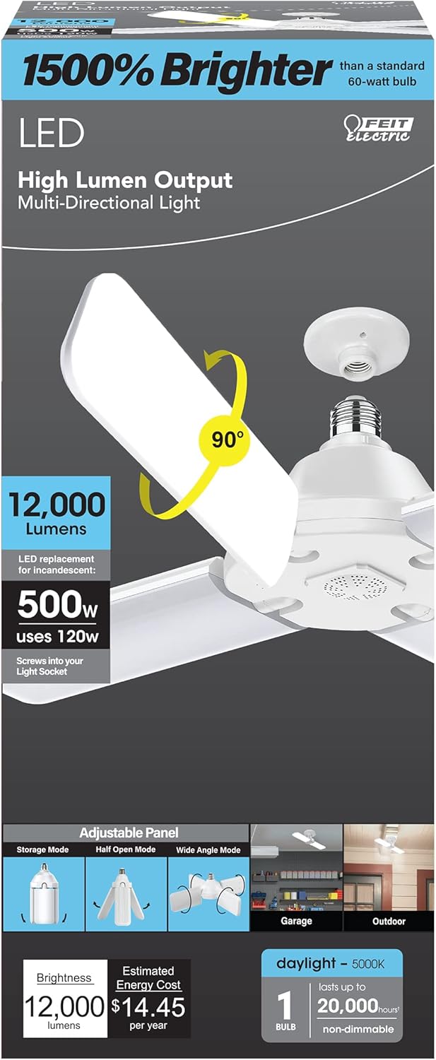 Feit Electric LED Garage Light, Multiple Adjustable Panels, E26 Base, Ideal for Garage, Workshop, Shed, 25,000-Hour Lifetime