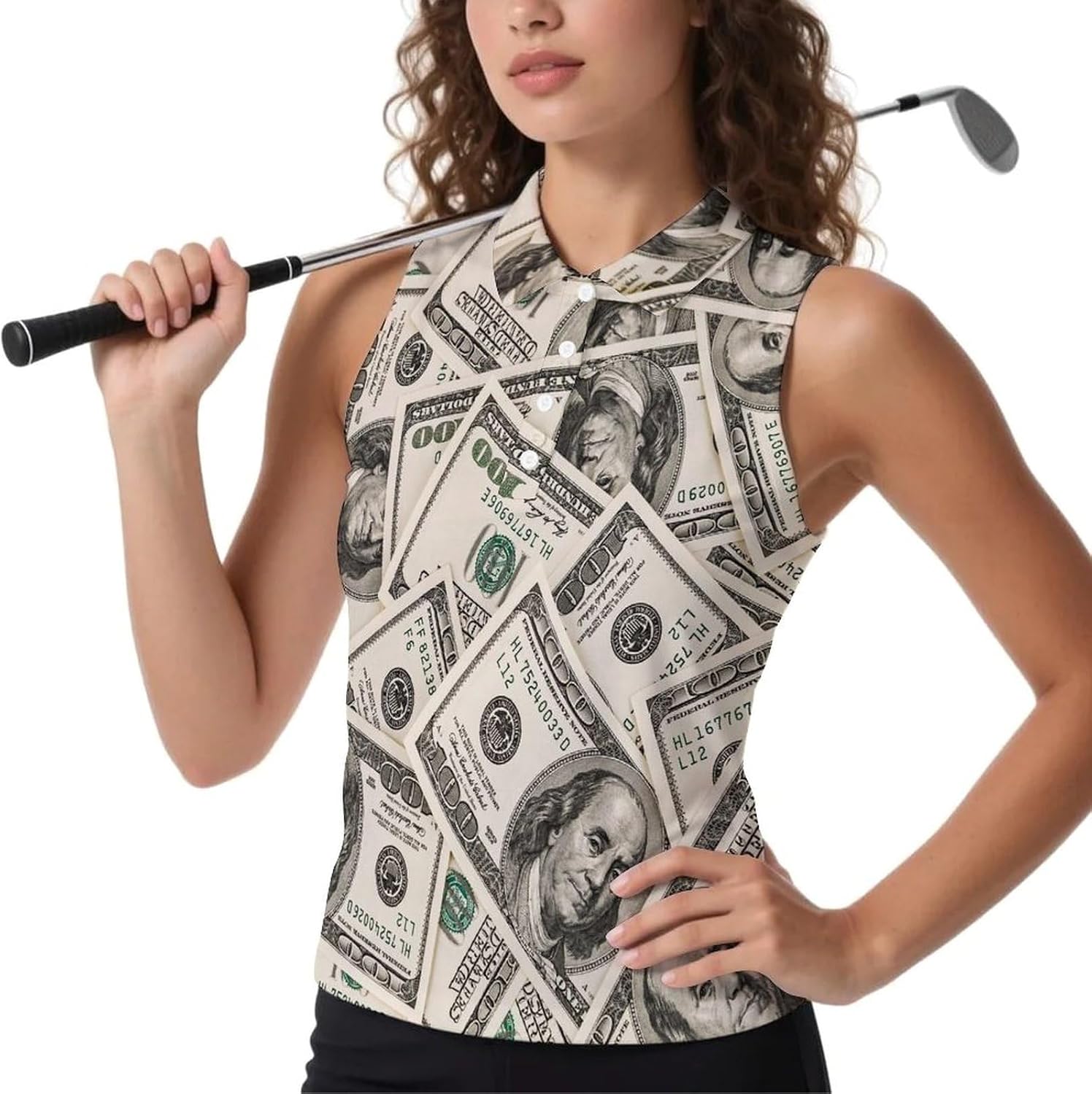 Money American Hundred Dollar Bills Women's Sleeveless Golf Polo Shirts Athletic Tank Tops