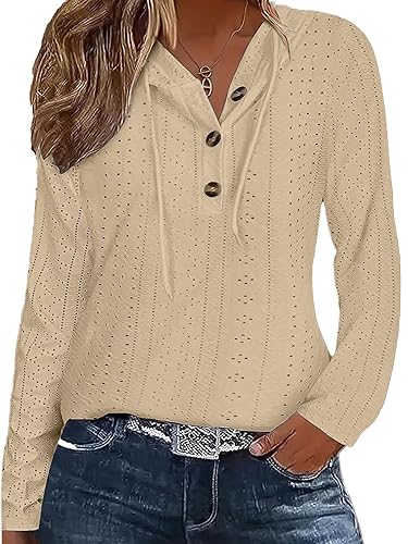 Women's V Neck Hoodies Long Sleeve Casual Eyelet Drawstring Hollow