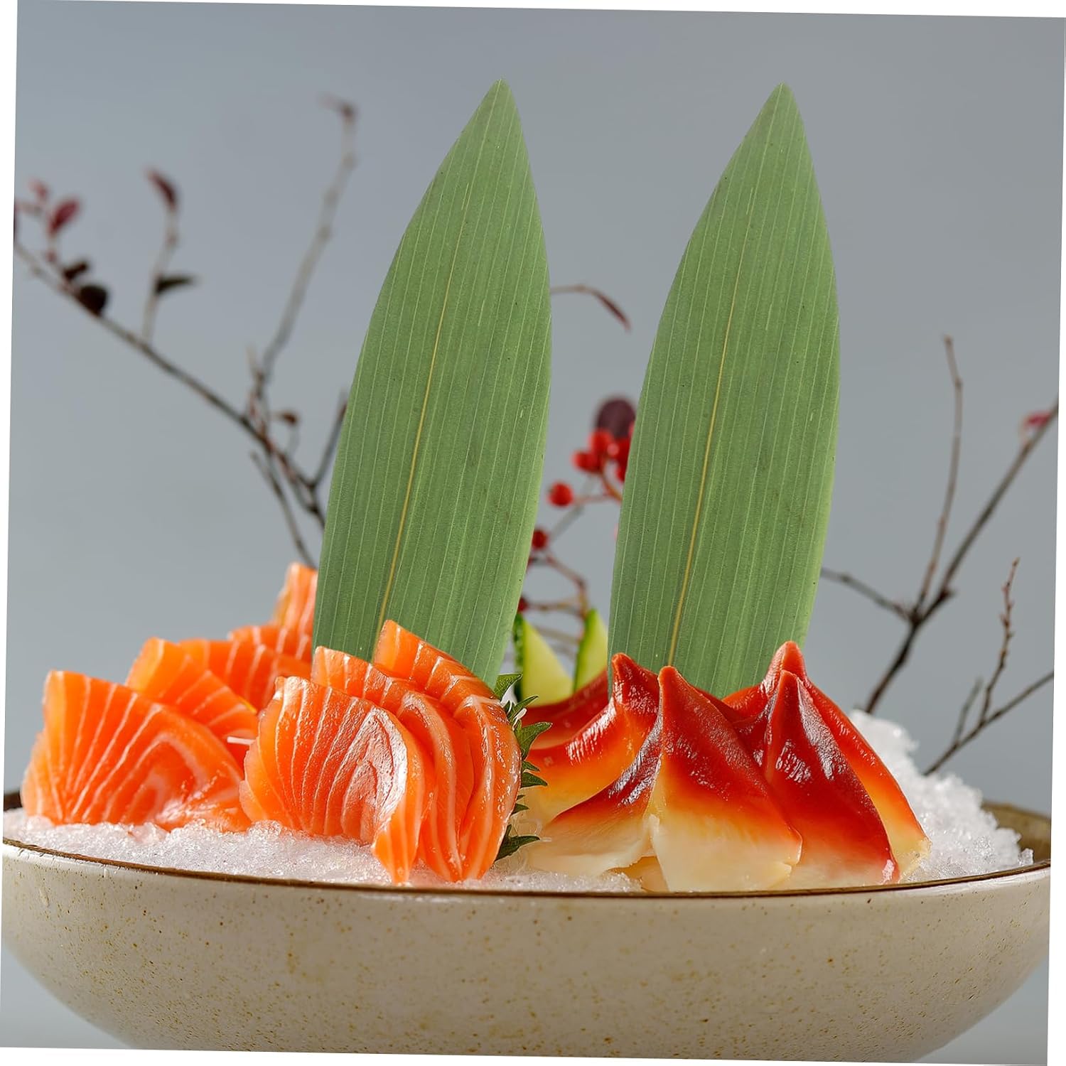 Ipetboom 100pcs Japanese Sashimi Leaves Mats for Sushi Plate Decor Natural Fake Leaf Sushi Dish Ornament for Japanese Korean Food Presentation Bbq and Party Accessories
