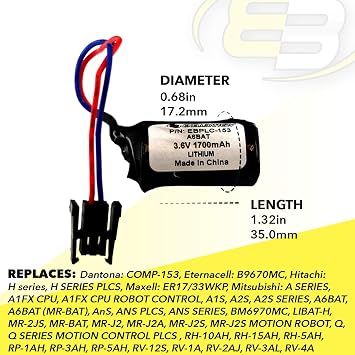 PLC Lithium 3.6V 2100mAh Battery, Replaces A1FX CPU Robot Control, A1S, A2S, A2S Series, A6BAT, Eternacell B9670MC, Hitachi H Series PLCS, Maxell ER17/33WKP, Exell Battery EBPLC-153
