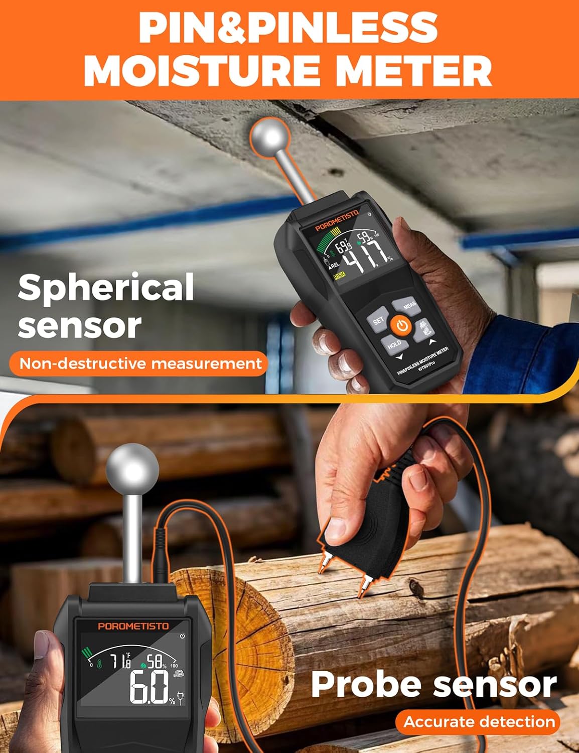 Diagram showing pin and pinless moisture measurement modes