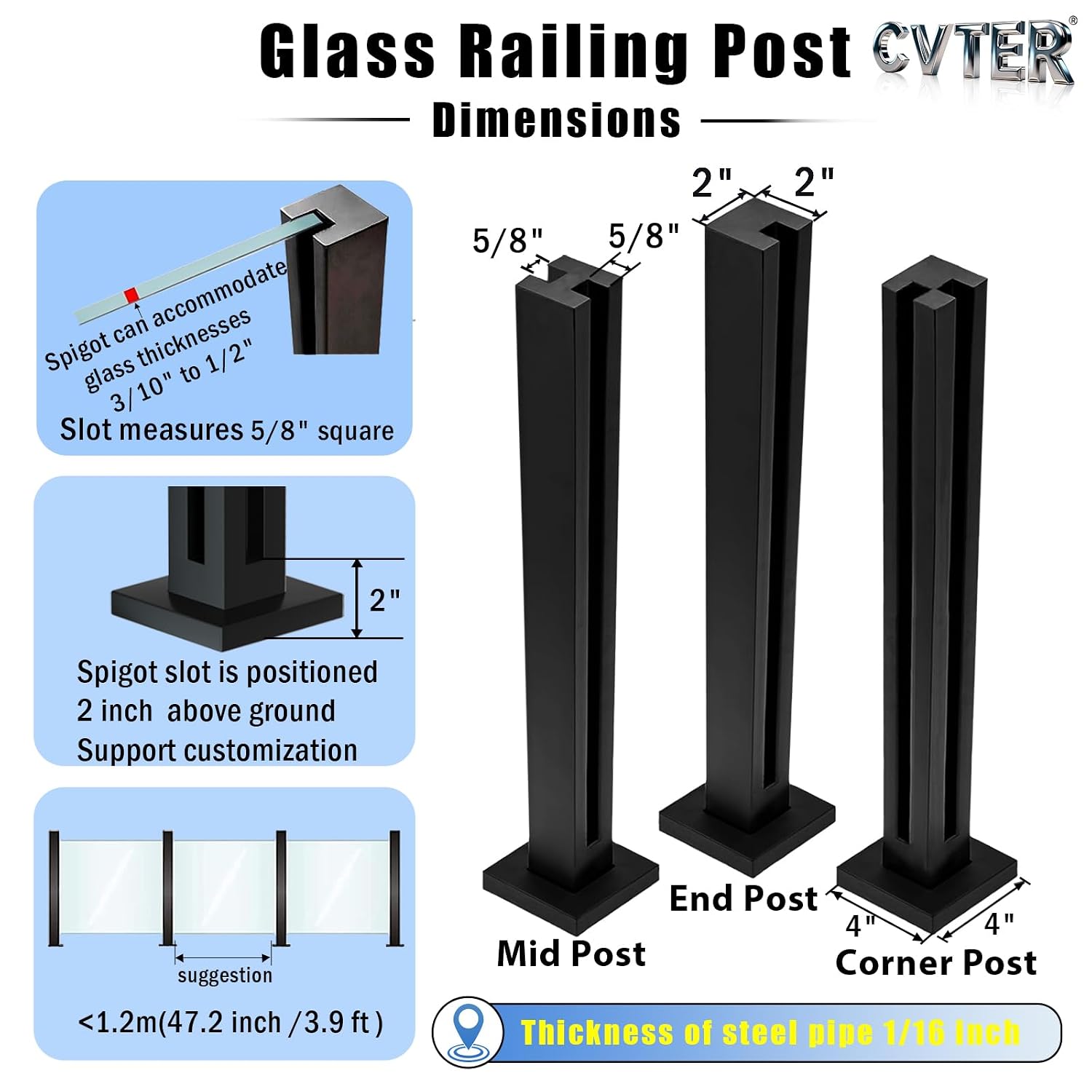 Glass Railing Post, 304 Stainless Steel Glass Railing System with Slots, Heavy Duty Spigot Clamp for Deck Balustrade, Balcony, Patio, Pool, Black, Middle Post, 35 in