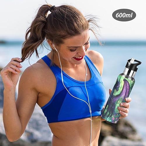 Vista 5 de Purple Dragon - Botella de agua con aislamiento al vacío para niños, taza de acero inoxidable con tapa de popote y asa, 20 onzas