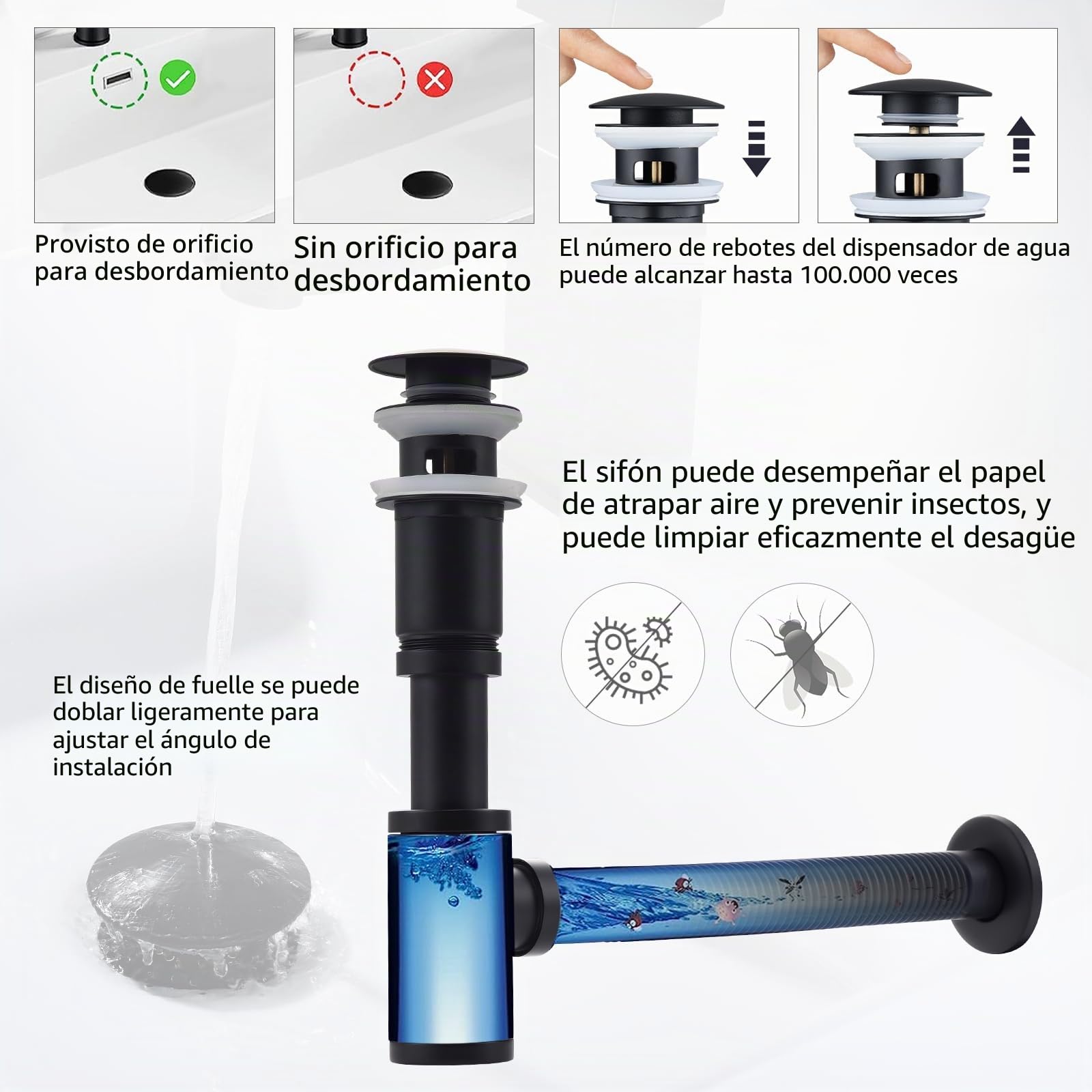 HOMELODY DiseñO De SifóN con VáLvula De Drenaje De Fregadero Negro Mate - SifóN De LatóN Universal - Incluye TapóN De Lavabo Y Abertura De Limpieza - SifóN De Lavabo, SifóN De Fregadero De Cocina