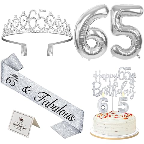 65th Birthday Decorations for Women Silver with 65th Birthday Sash and Tiara, Cake Topper and Candles, Silver Number Balloons, 65 Year Old Gifts for Women