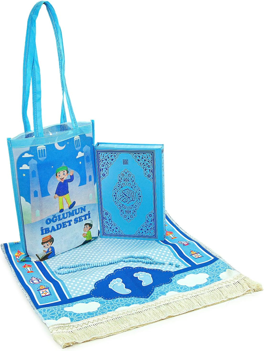 ihvan online, Muslim Prayer Rug for Kids, Prayer Beads, Holy Quran, Kids Prayer Mat, Worship Bag, Praying Mat Set for Islamic Gifts, Soft Salah Mat Carpet for Travel, Design Janamaz Sajadah, Blue Bag