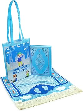 ihvan online, Muslim Prayer Rug for Kids, Prayer Beads, Holy Quran, Kids Prayer Mat, Worship Bag, Praying Mat Set for Islamic Gifts, Soft Salah Mat Carpet for Travel, Design Janamaz Sajadah, Blue Bag